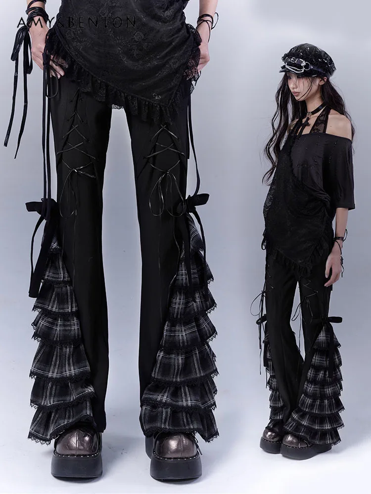 

Gothic Punk Style High Waist Pants Original Plaid Strap Cake Lace Subculture Slim Casual Trousers Hot Girl Y2K Streetwear Women
