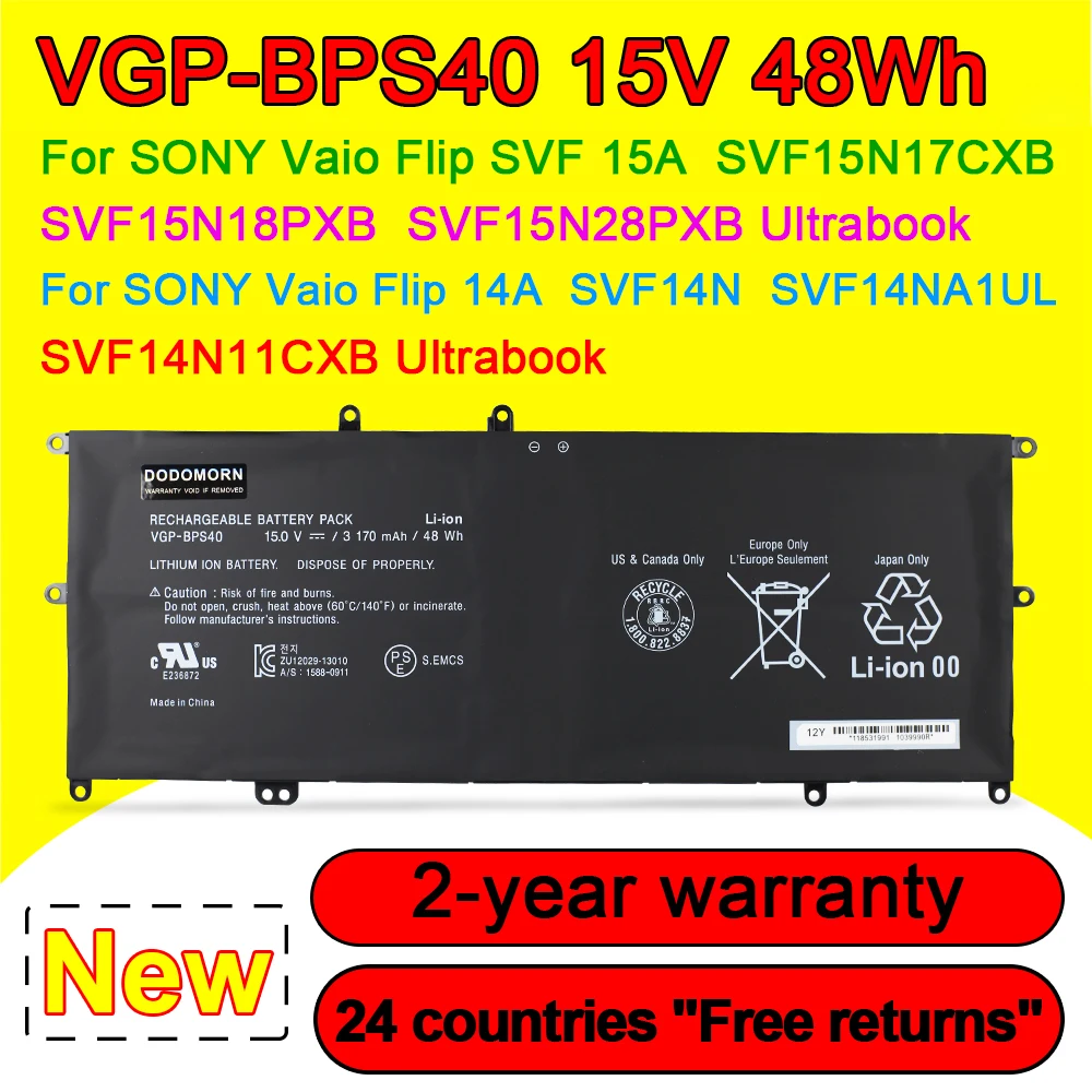 

VGP-BPS40 For Sony Vaio Flip 14A SVF14N SVF14NA1UL SVF 15A SVF15N17CXB SVF15N28PXB BPS40 Laptop Battery 15V 48Wh 3170mAh