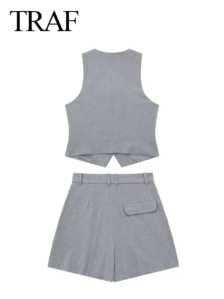 TRAF 2023 Women\'s Pants 2 Pieces Set Solid Grey V-Neck Sleeveless Single Breasted Vest+High Waist Casual Shorts Streetwear