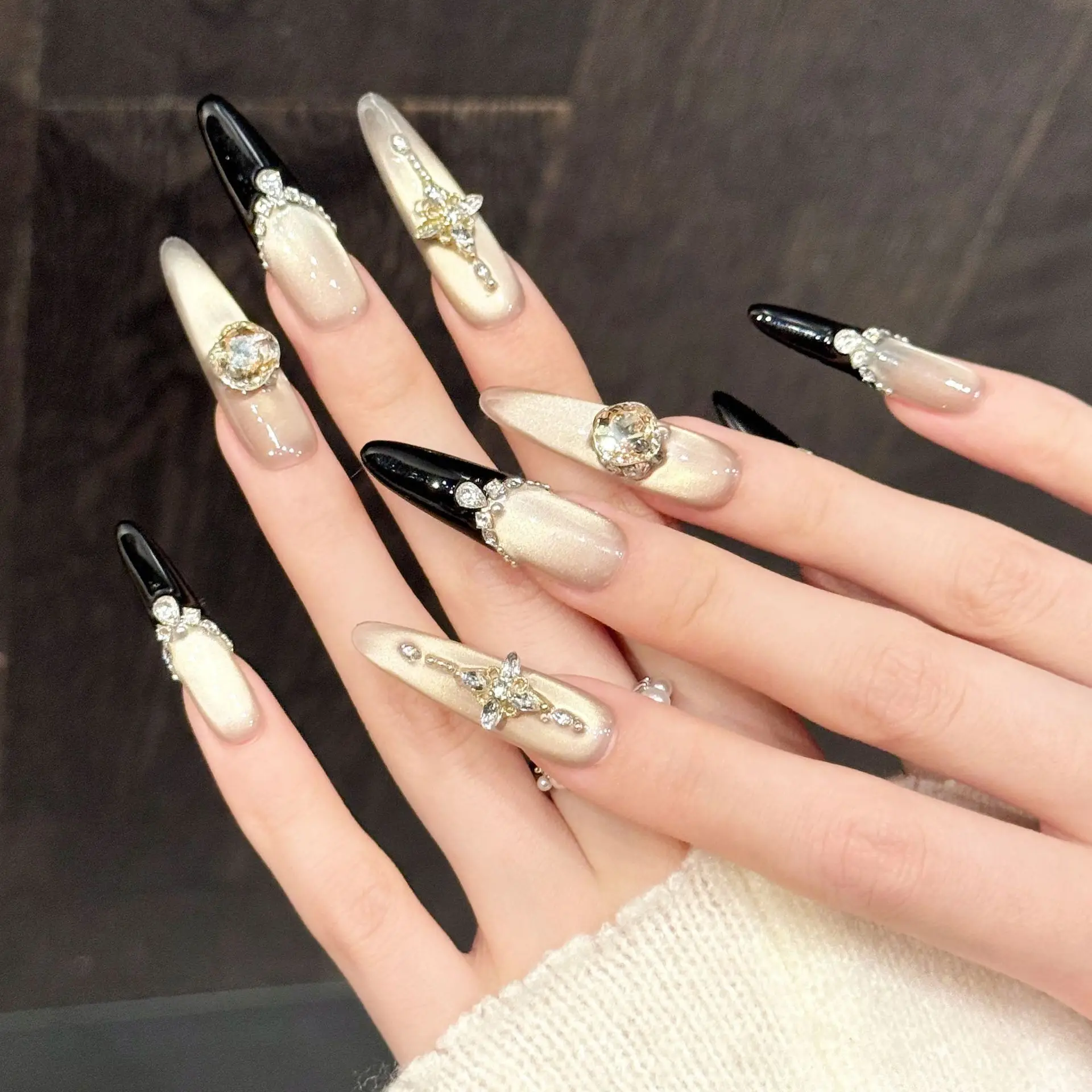 10 PCS Luxury Handmade Press on Nails Long Oval Black-golden gradient Design with 3-PIECE Tool Adhesive Nail Glue Tabs
