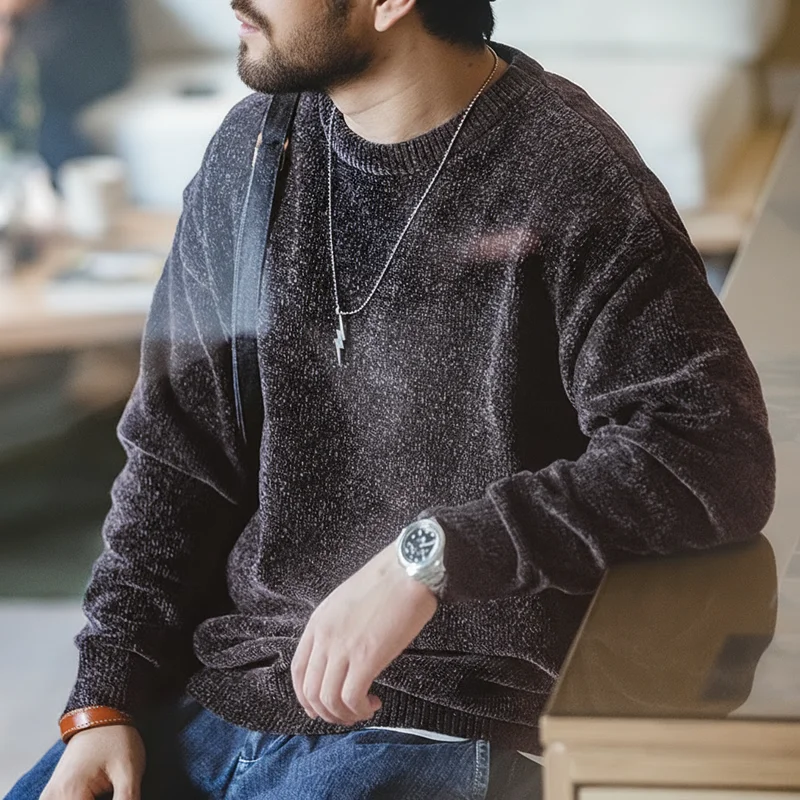 Maden Casual Chenille Round Neck Sweater for Men Warm Skin-friendly Beige Knitwear Autumn Winter Basic Solid Color Soft Sweater