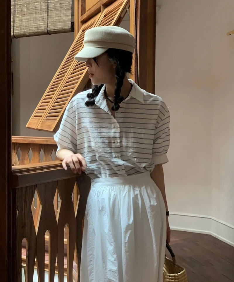 Kantooroverhemd in Koreaanse stijl met kleurblokken en inkepingskraag - Professionele gestreepte werkblouse