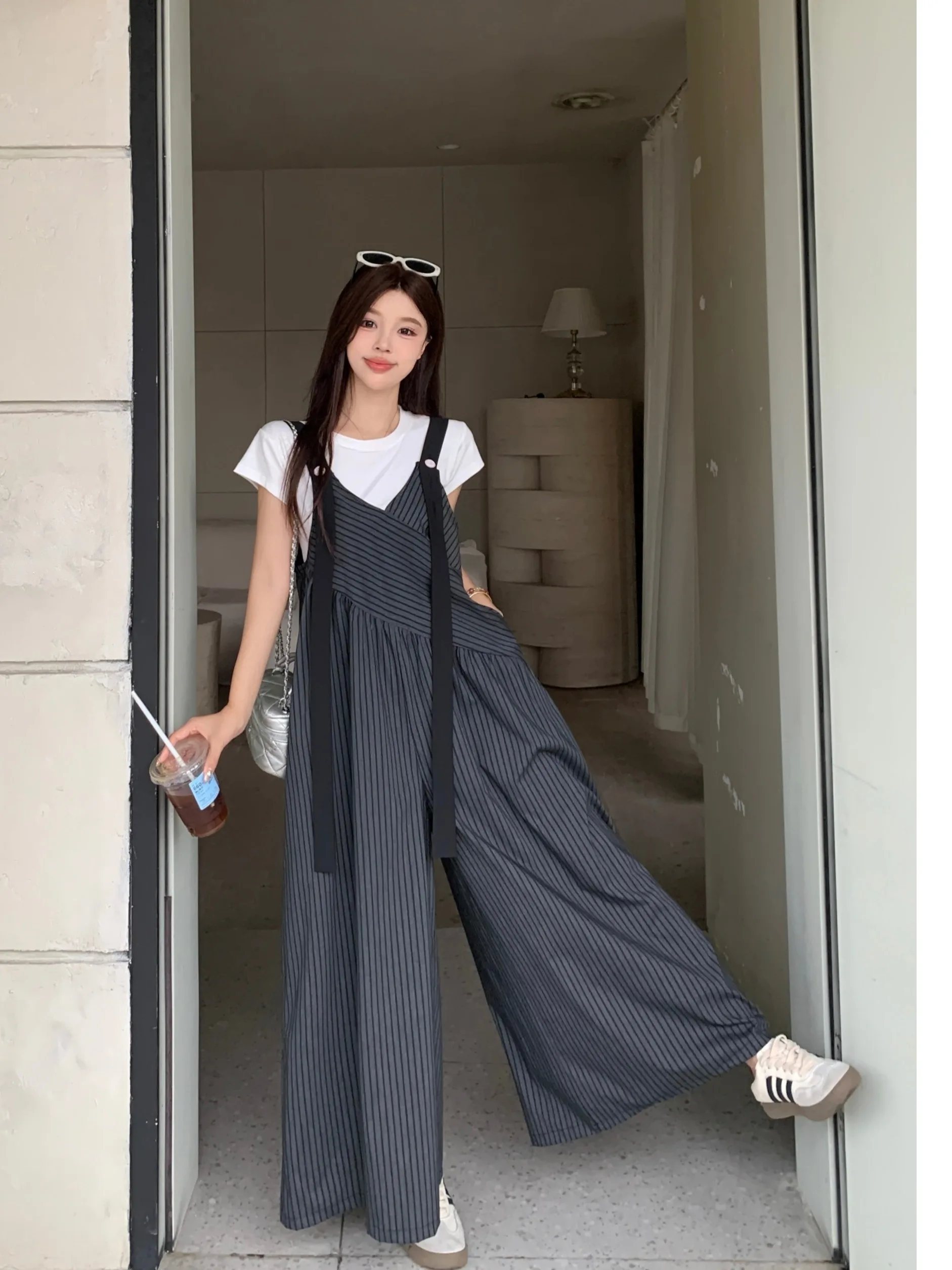 

plus Size Women's Vintage Striped Loose Cargo Pants ort Sve T-irt Set High Waist Commute Sle Korean Loose Fit Spring...