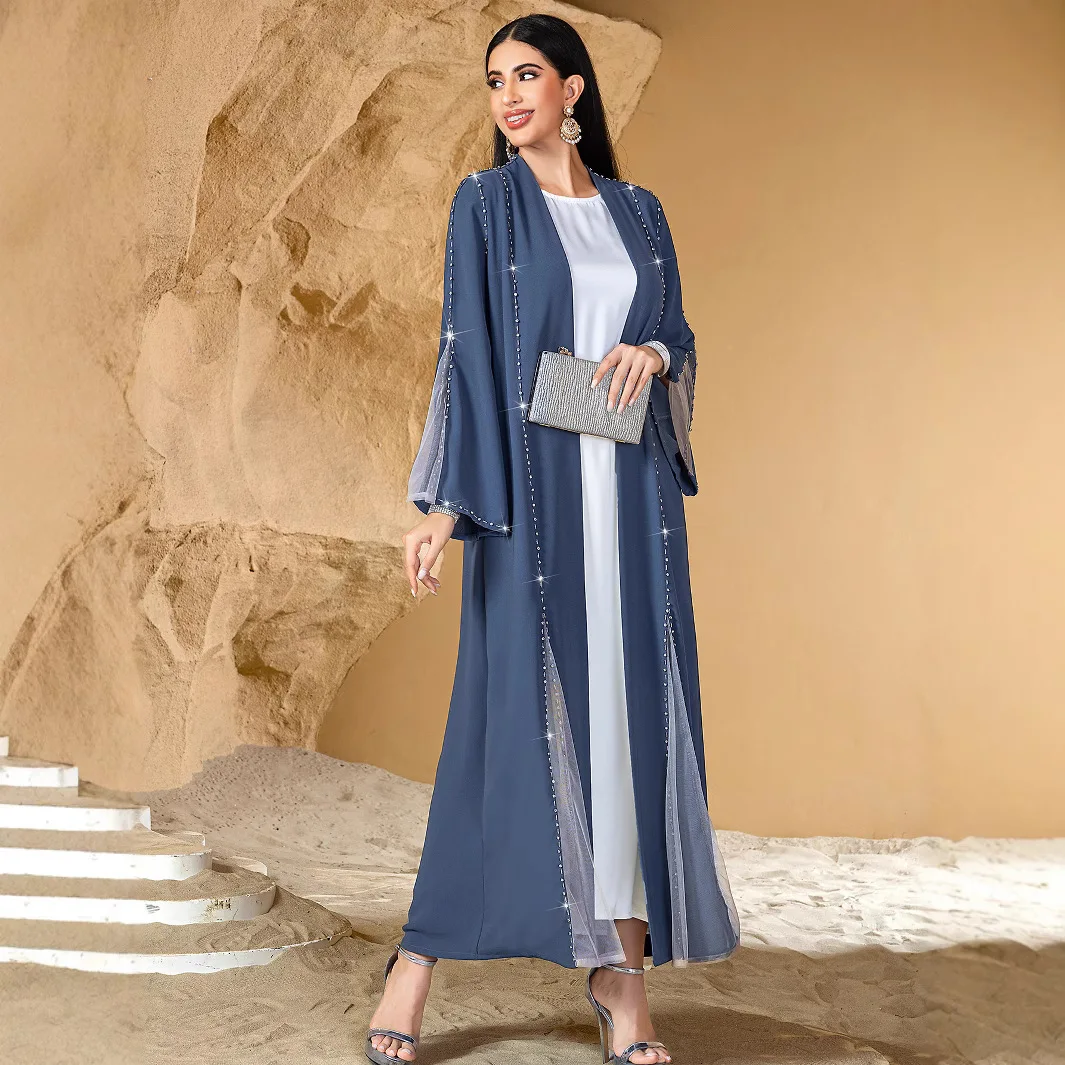 Femmes gris bleu décontracté à la mode en vrac élégant diamant à manches longues Cardigan Abaya femme vêtements moyen-orient musulman nouvelle mode