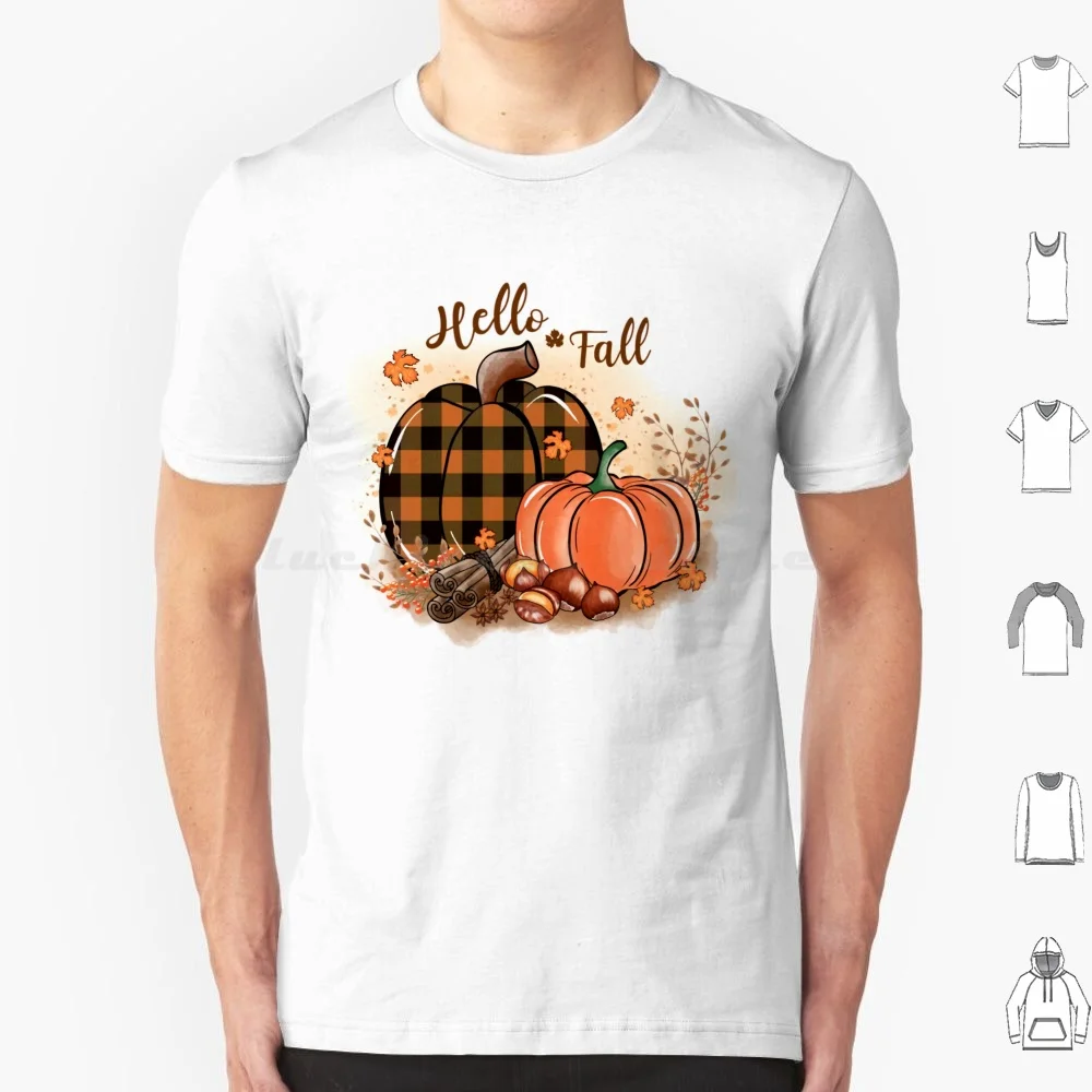 Hello Fall-Colorful Autumn Leaves Pumpkins And Cinnamon T Shirt Big Size 100% Cotton Happy Thanksgiving Thanksgiving Thanks