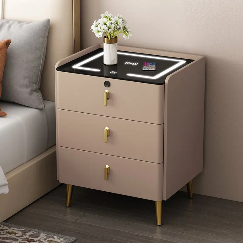【Hot】Smart Wooden Bedside Table with Wireless Charging Modern Style Faux Leather Bedroom Nightstand with 3 Drawer Storage Cabine