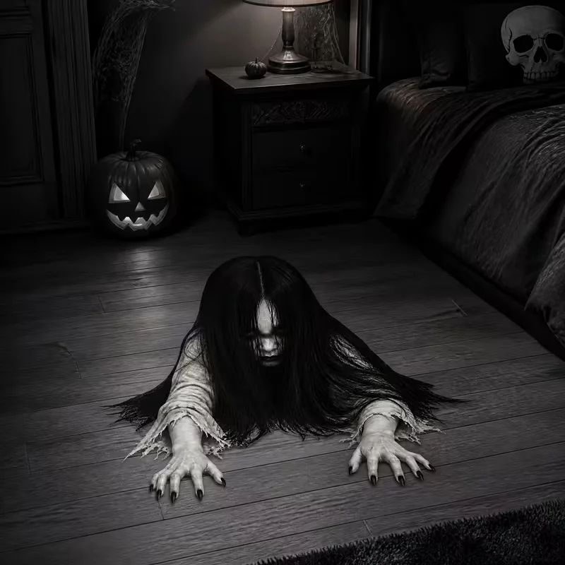Halloween-Grusel-Bodenaufkleber und Wandaufkleber mit langhaarigem weiblichem Geist, furchteinflößiger kriechender Geist im Sadako-Stil – Detail 4