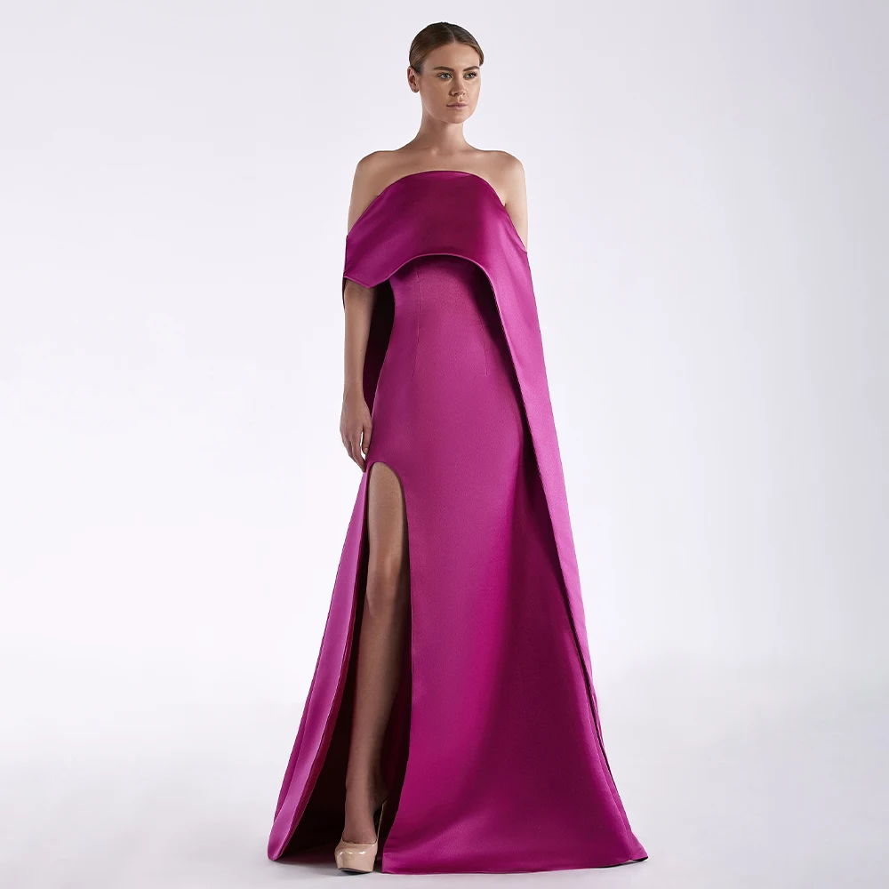 Fuchsia Satin Evening Dress Strapless Side Split Elegant Women\'s Evening Gowns Off the Shoulder 2024 Formal Party Dresses Long