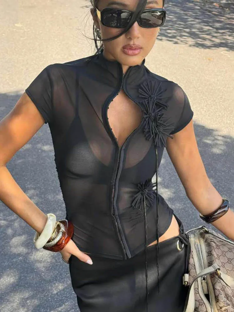 Tops cortos con apliques de borlas para mujer, camiseta ajustada de calle versátil con un solo pecho y cuello medio alto con borlas de medianoche