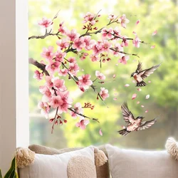 Removable Watercolor Pink Peach Blossom Tree Branches Birds Wall Stickers For Bedrooms Living Rooms Glass Windows Decorative