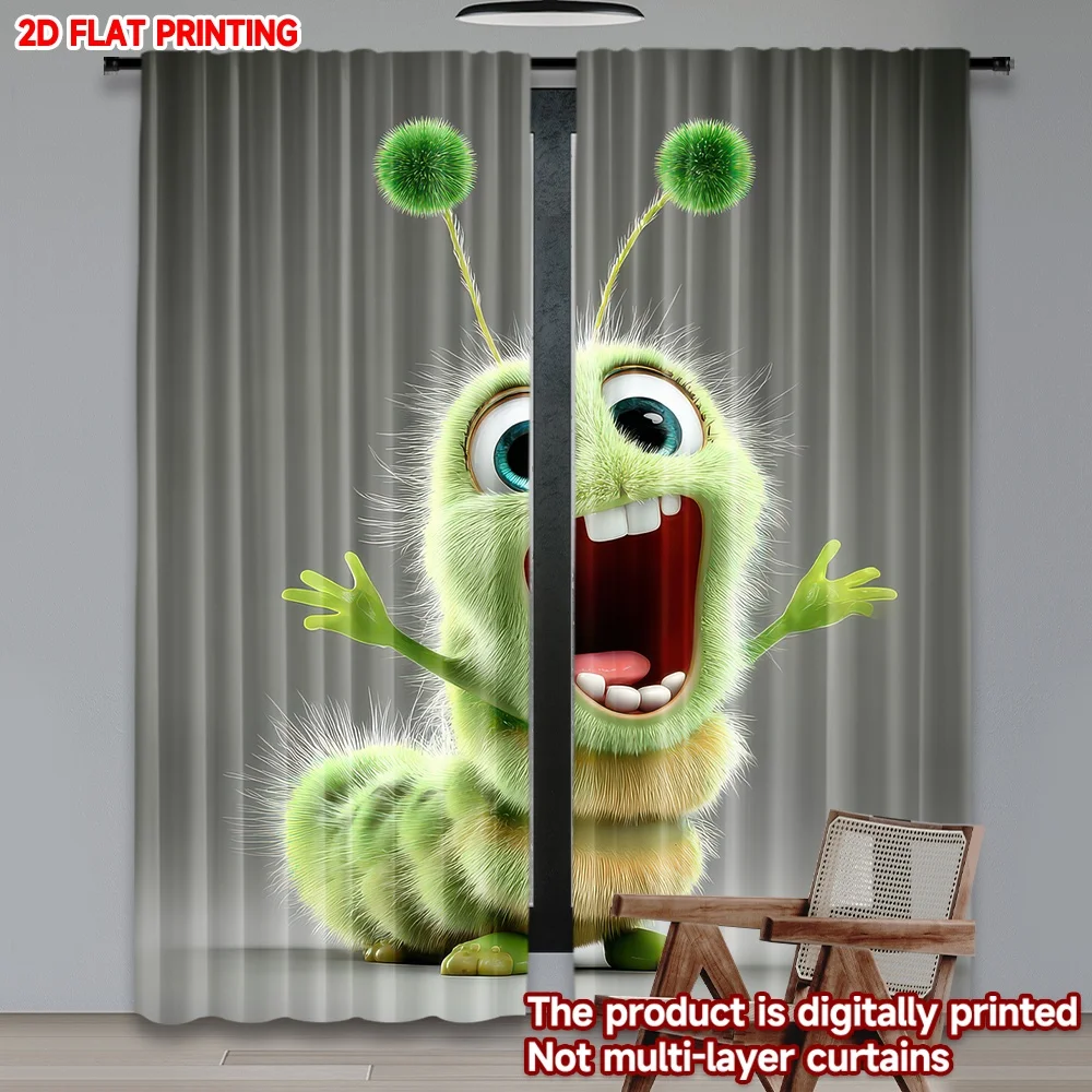 

2D flat printing 2pcs Party Curtains Happy Green Furry Caterpillar Digital Printed Polyester Drapes Party Decorations for Indoor