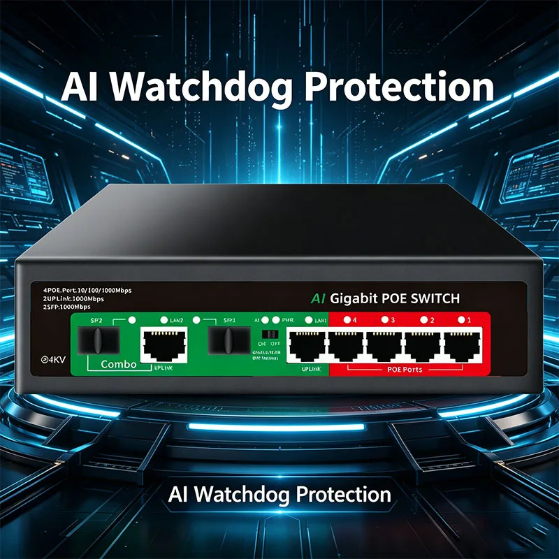 

AI 6 Port Gigabit PoE Switch 4 Ports 1000Mbps with 2 Uplink SFP AI Watchdog 4KV Lightning Protection Plug Play GPOE404 ﻿