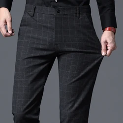 2024 Autumn New Men's Slim Plaid Casual Pants Fashion Soft Stretch Business Work Trousers Gentleman Brand Clothes Black Blue