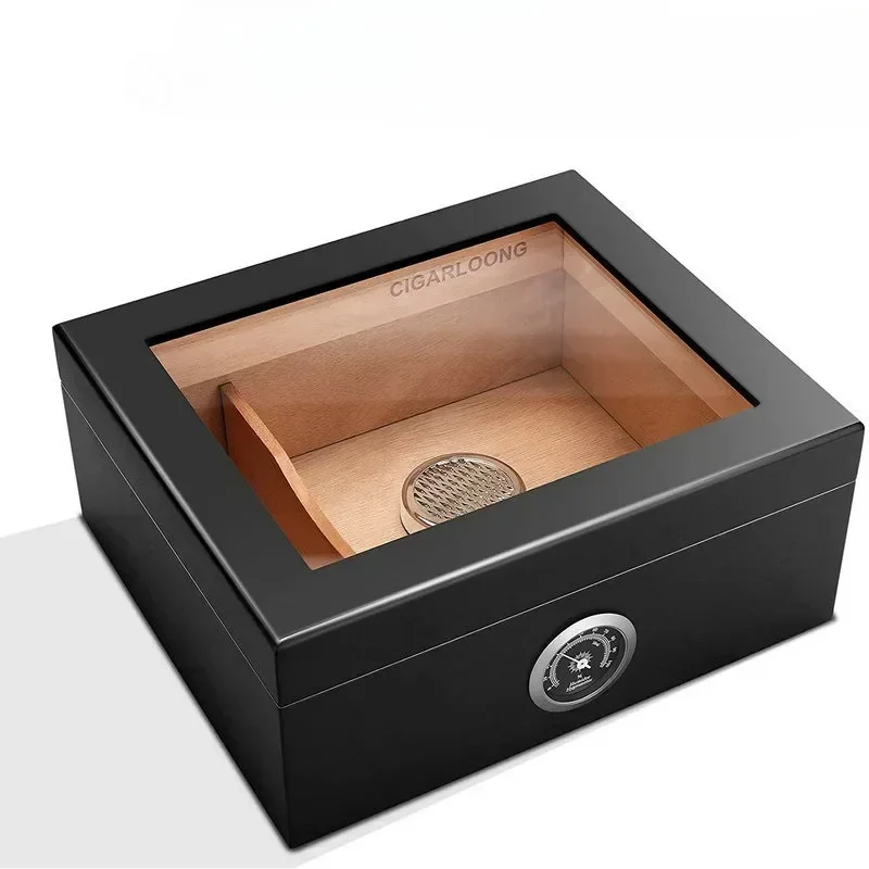 Spanish Cedar Wood Humidor Cigar Box with Hygrometer Humidifier Set High Transparent Home Case