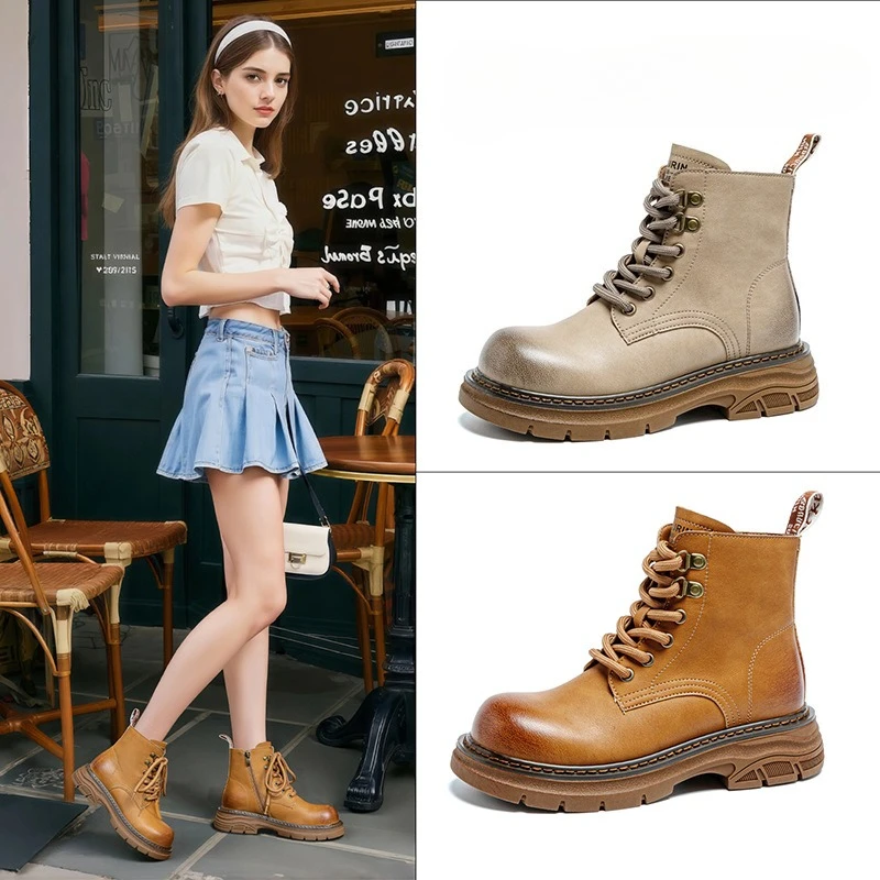 

Новая осенняя женская обувь, короткие сапоги из натуральной кожи, повседневная обувь с высоким берцем, модные ботильоны на толстой подошве для девочек