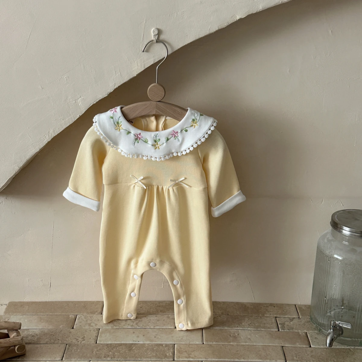 الخريف رقيقة طويلة الأكمام زهرة التطريز دوللي طوق السروال القصير ارتداءها ل 0-18 أشهر طفل الفتيات الوليد الرضع بذلة الطفل #2