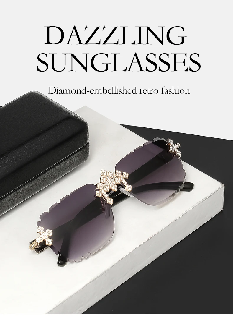 Luxuriöse quadratische randlose Edelstein-Schliff-Sonnenbrille im trendigen Retro-Stil der 90er-Jahre-Hip-Hop-Diamant-Schliff-Linse, rahmenlose Sommer-Sonnenbrille für Männer und Frauen – Detail 1