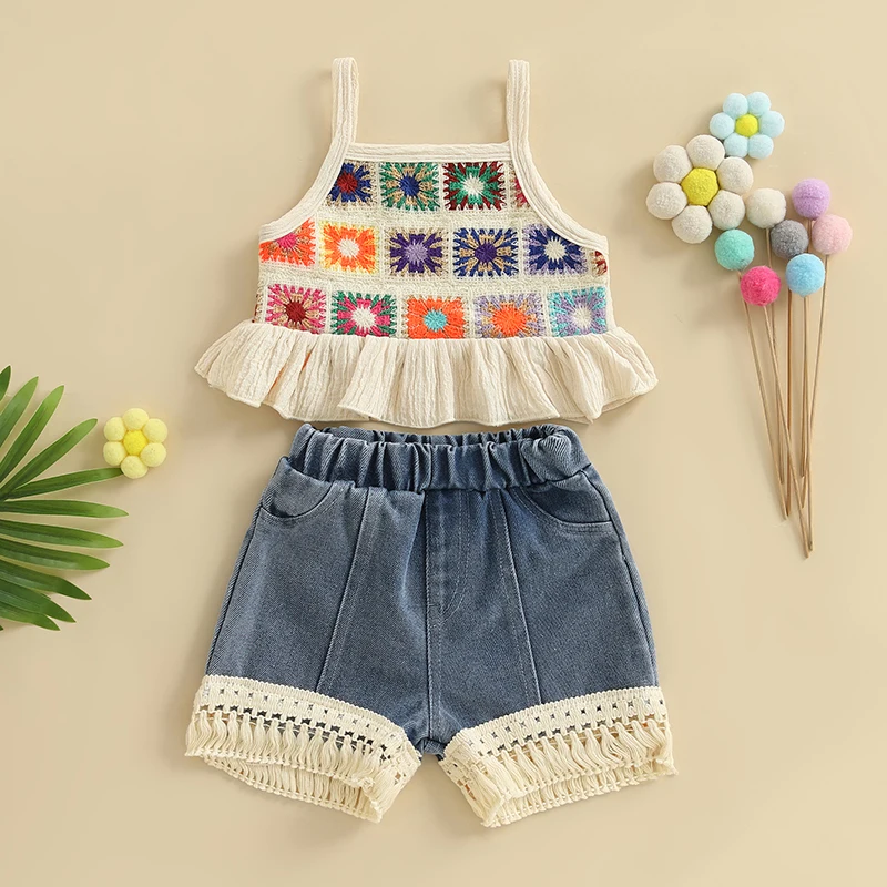 Fashion Kids Girls Shorts Set Flowers Camisole with Tasseled Denim Shorts Summer 2-piece Kids Outfit Set