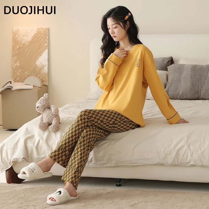 DUOJIHUI-Conjunto de pijama para mujer, jersey de cuello redondo, pantalón de Color amarillo, informal, básico, Simple, clásico, dulce