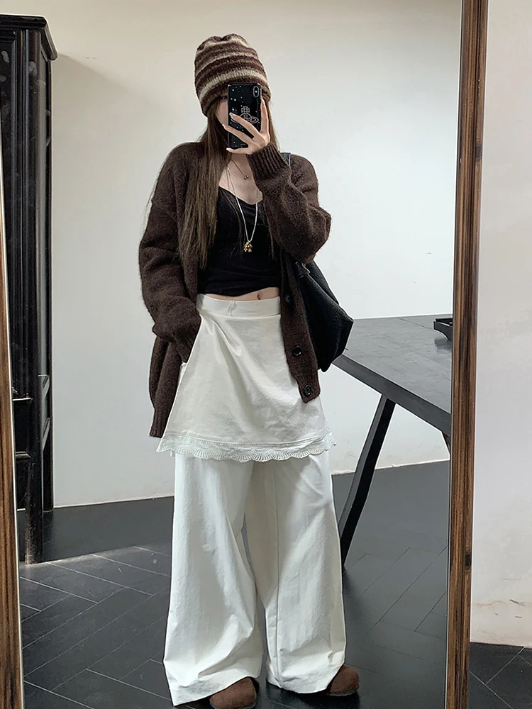 ReddaChic Women Fake Two-piece Wide Leg Pants White Solid Lace Trim Bandage Wrap Around Palazzo Pants Lounge Coquette Clothes