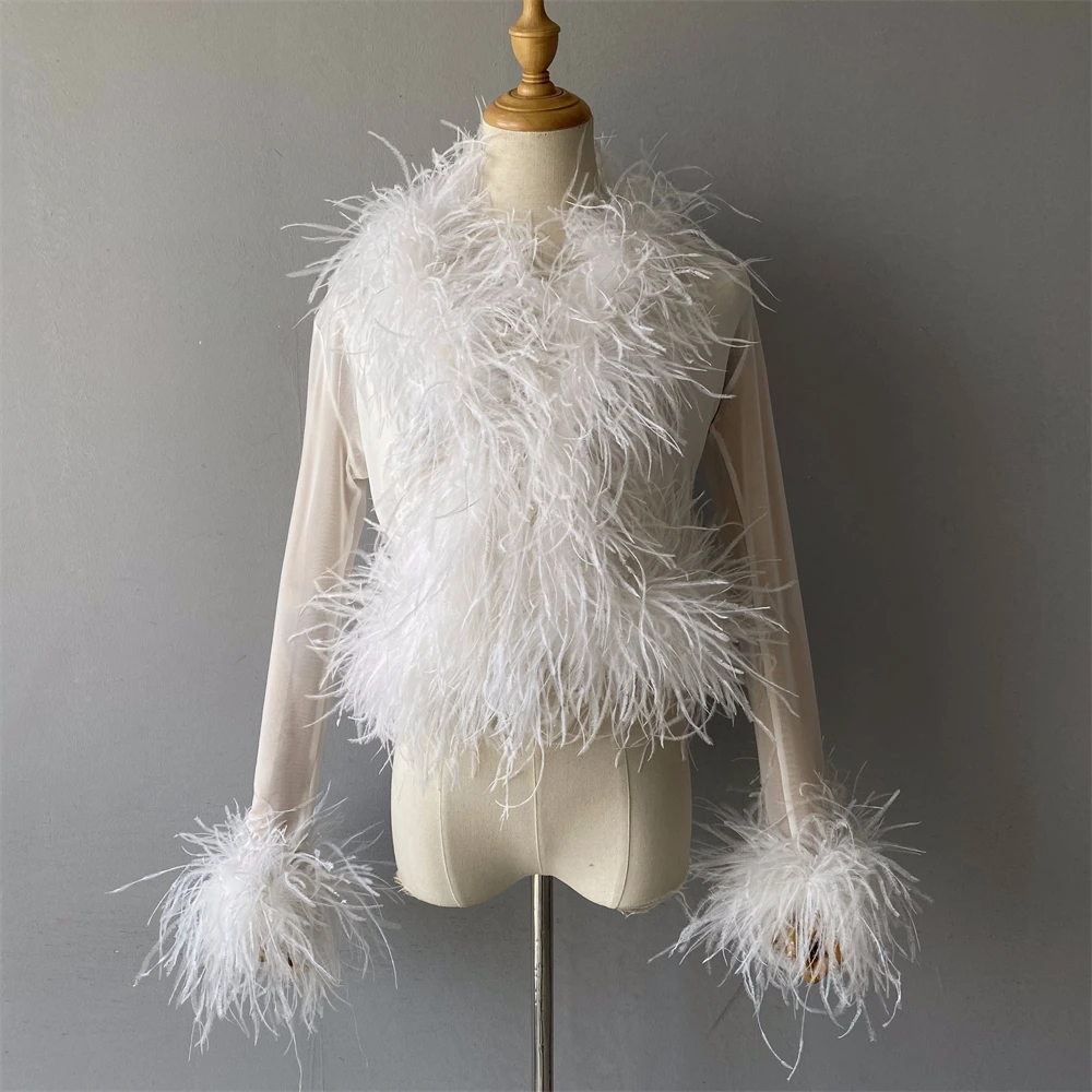 Jxwatcher Women Mesh Ostrich Feather Top Black S 4