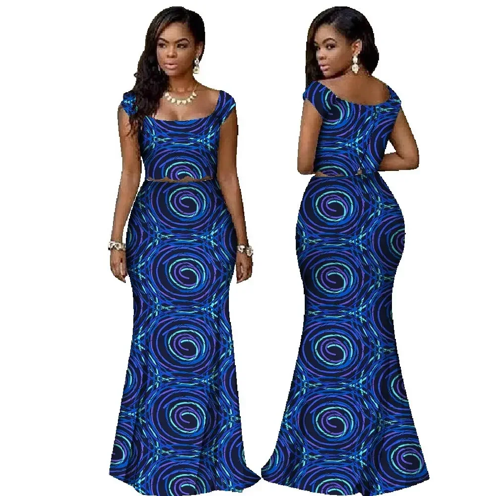 African Print Two Piece Set Dashiki African Clothes for Women Bazin Square Collar Sleeveless Crop Skirt and Top WY1168