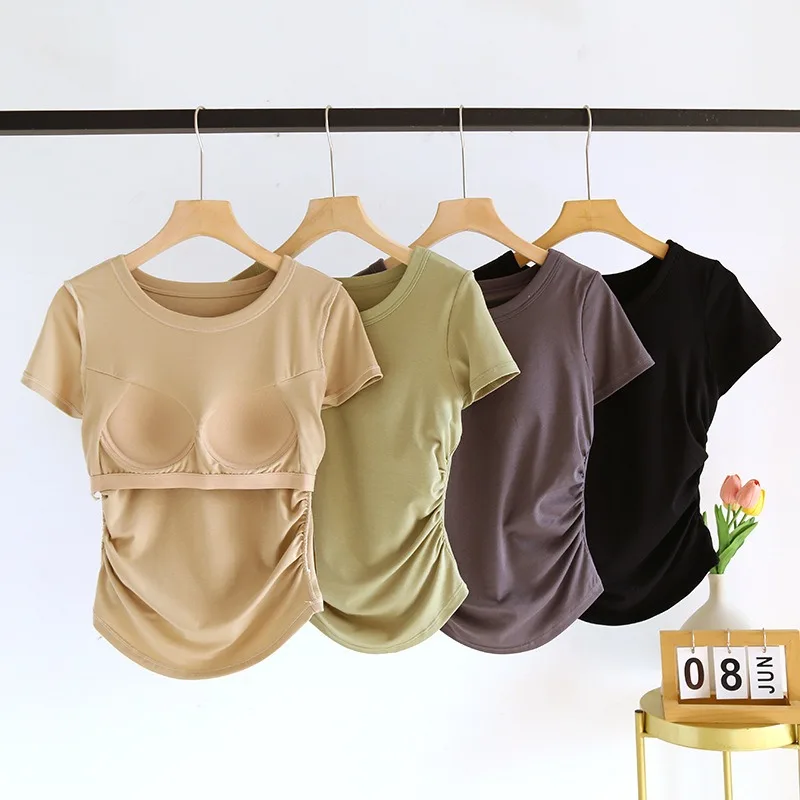 Women\'s T-Shirts Solid Color Short Sleeve With Padded Bust Wireless Base Layer Tops Slim Ruched Soft Female Outwear Sleep Tops