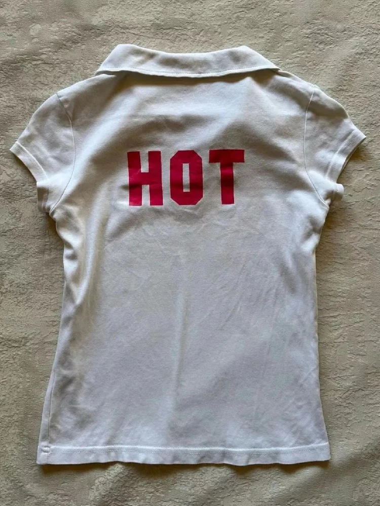 Y2K الأبيض خمر المرأة تي شيرت الصيف Harajuku التلبيب قصيرة الأكمام بلايز عادية الكورية شيك مطبوعة سليم أنثى تيز