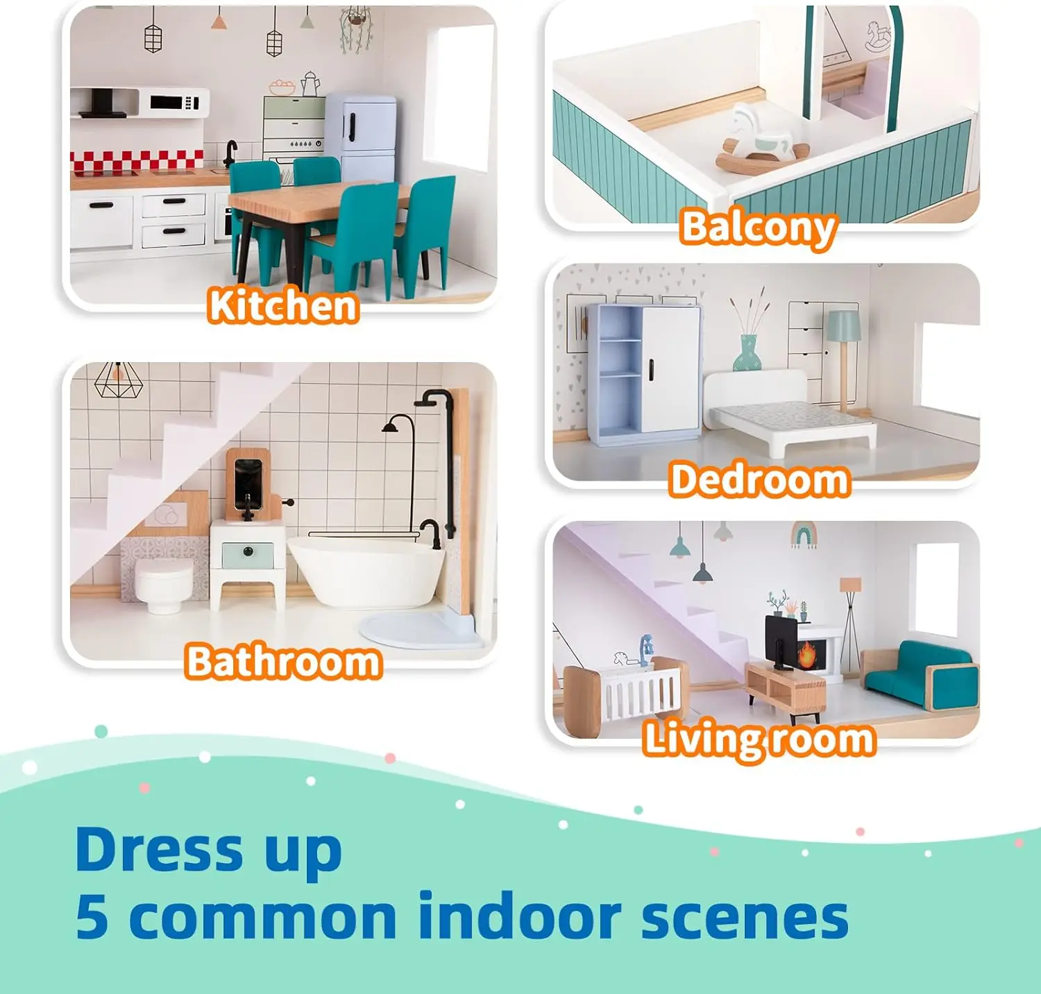 Wooden Dollhouse for Kids Doll House with Simulated Luxury Furniture Set Preschool Dollhouse Playset for Girls Toddlers Gifts