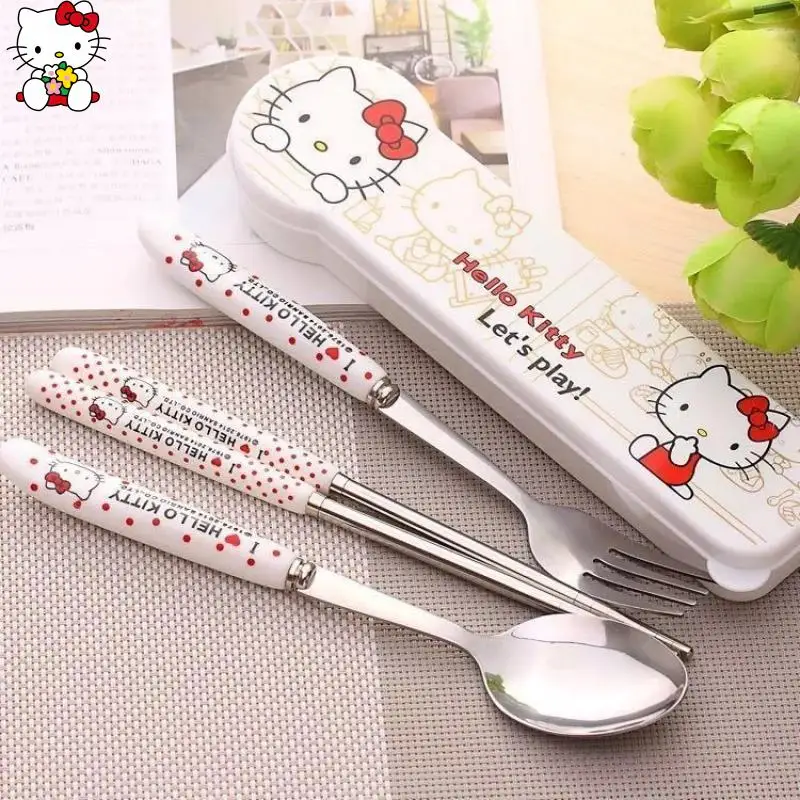 

Модная красивая посуда SanrioS Hello Kitty, вилка, ложка, палочки для еды, набор, портативная милая посуда в коробке, модный подарок