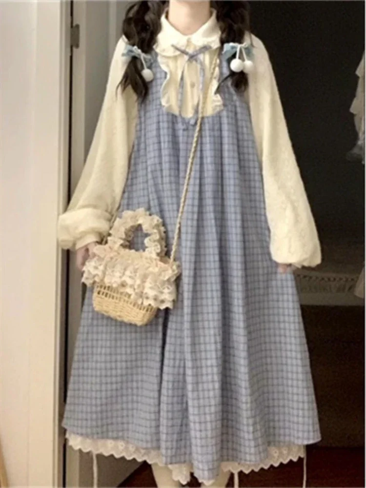 Doux fille japonaise Femme robes décontractées Chic faux deux couleurs contrastées Plaid imprimé Robe Femme Preppy Style doux volants Robe