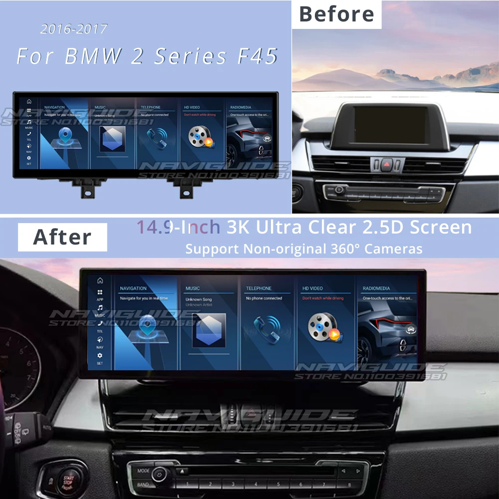 NAVIGUIDE 14.9'' Android 13 Wireless Carplay Auto Car Multimedia Player For BMW 2 Series F45 LHD NBT System GPS Navigation BT HU