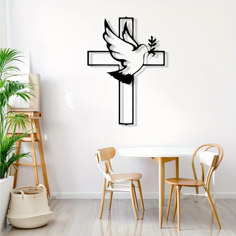 CIFBUY Metal Cross Wall Art Iron Dove Silhouette Religious Decor for Home Church Living Room Indoor Outdoor Black