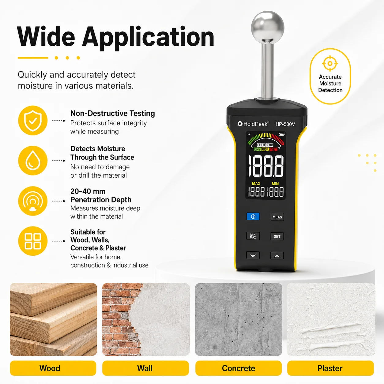 Rechargeable Digital Non-Contact Moisture Meter Humidity Tester for Wood Concrete Plaster Wall Floor with LCD Display
