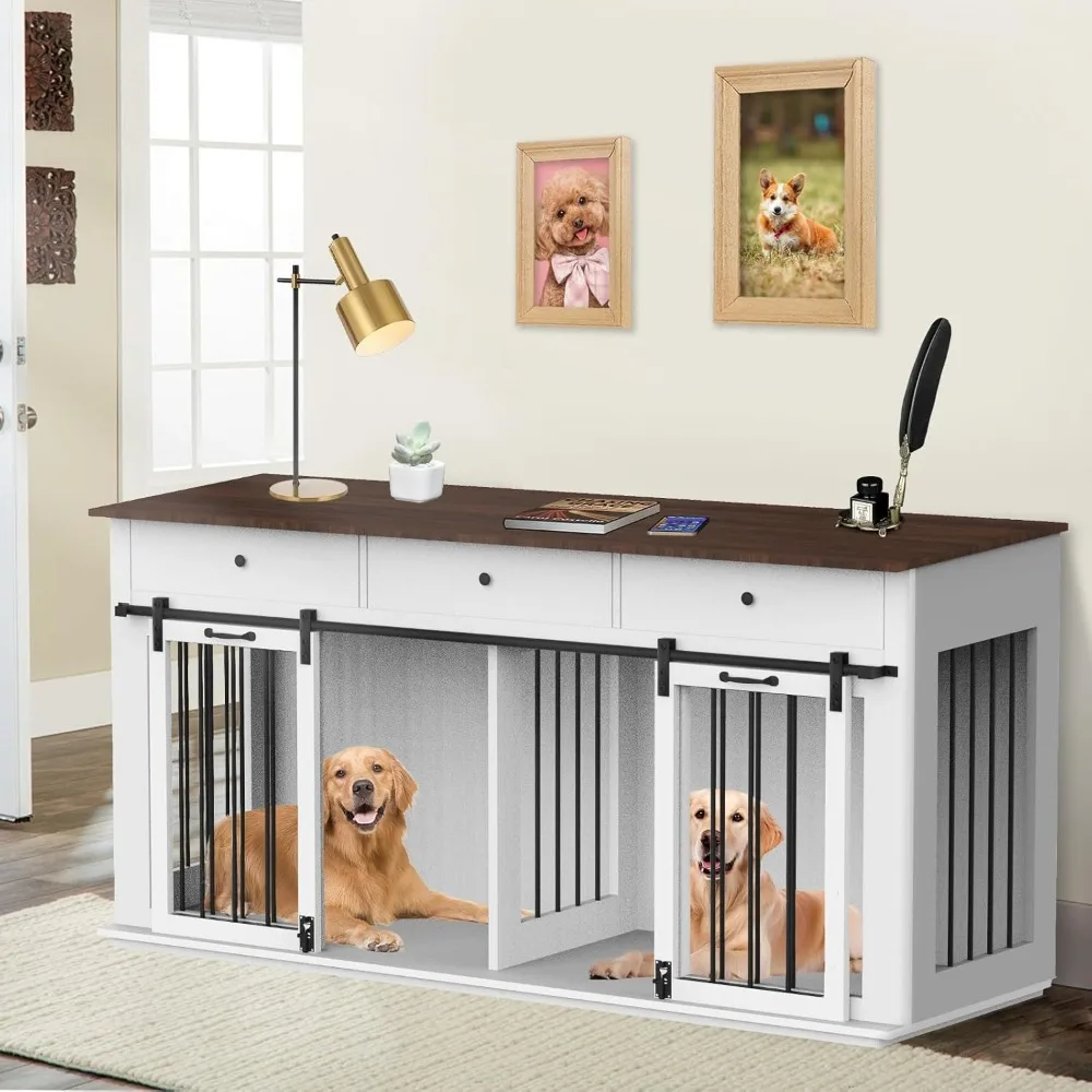 

Masterpiece 72" Double Dog Crate Furniture For 2 Dogs Heavy Duty Wood Dog Cage Table With 3 Storage Drawers And Removable Divid