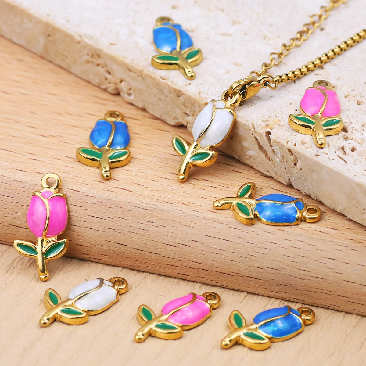 

3pcs/Lot Sweet Enamel Rose Stainless Steel Diy Charm Women Rainbow Flower Necklace Bracelets Pendant Love Heart Jewelry