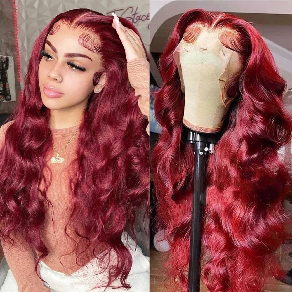 Perruque Lace Front Wig Body Wave Naturelle, Cheveux Humains, Couleur Bordeaux 99J, 4x4, 13x6, HD