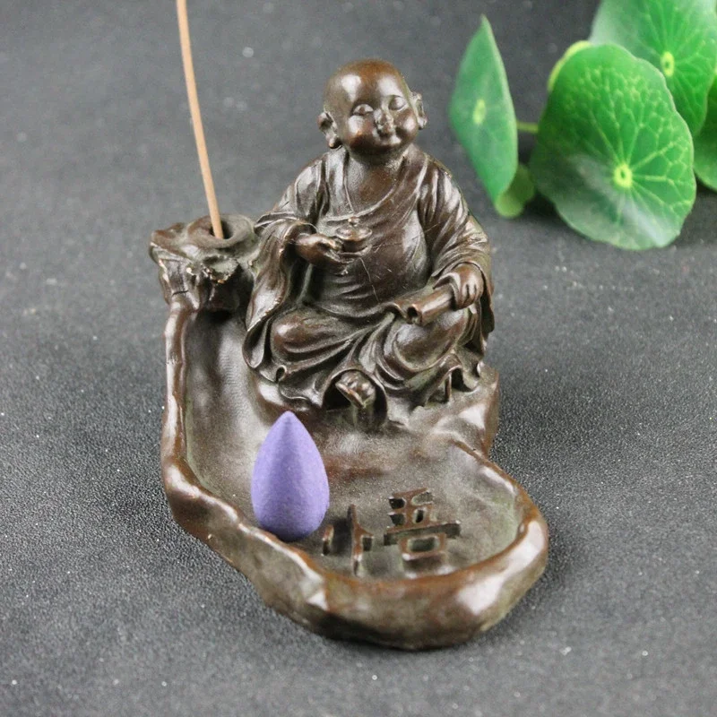 Vintage Brass Little Monk Zen Statue Chinese Meditation Monk Incense Burner Candle Holder Desktop Decor Ornament