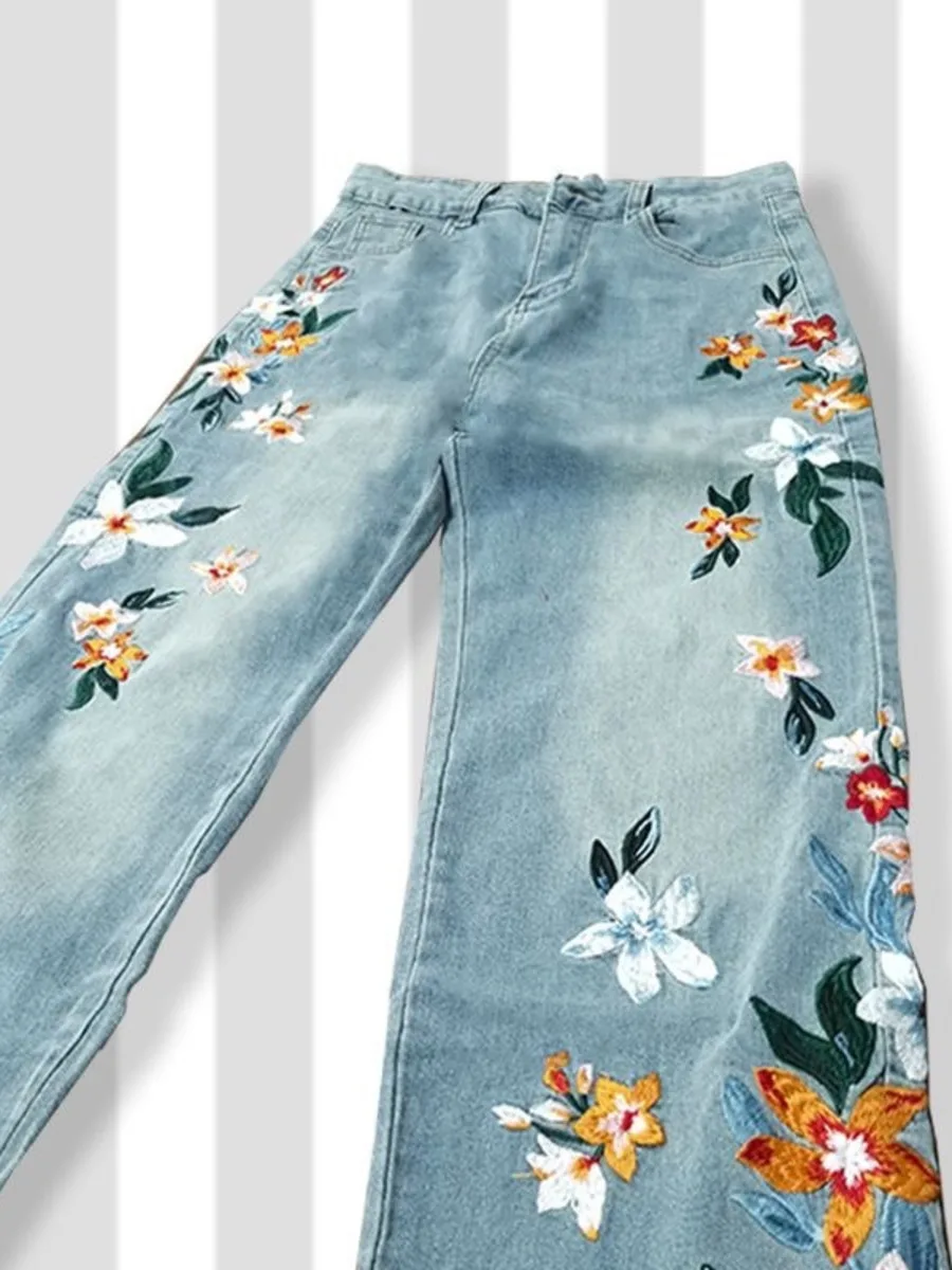 2024 Summer New Floral Embroidered Jeans For Women Casual Slim Versatile Denim Pants Straight-leg American Retro Wide Leg Pants