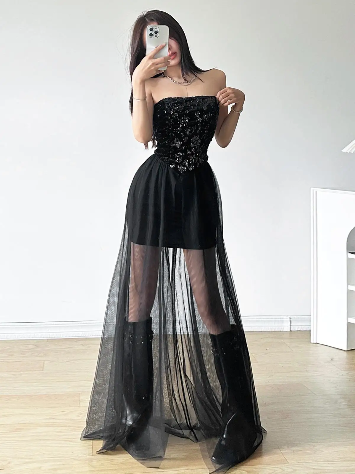 Vestido Midi E Sem Alças com Brilho para loween, Design F com Malha e Cobertura para o Bumbum, Estilo de Rua...