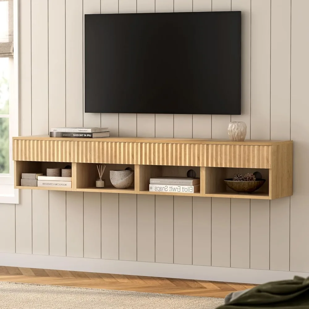 Juego de 4 soportes flotantes para TV con cajón y estante abierto, mesita de noche pequeña montada en la pared, mesita de noche estriada moderna para dormitorio