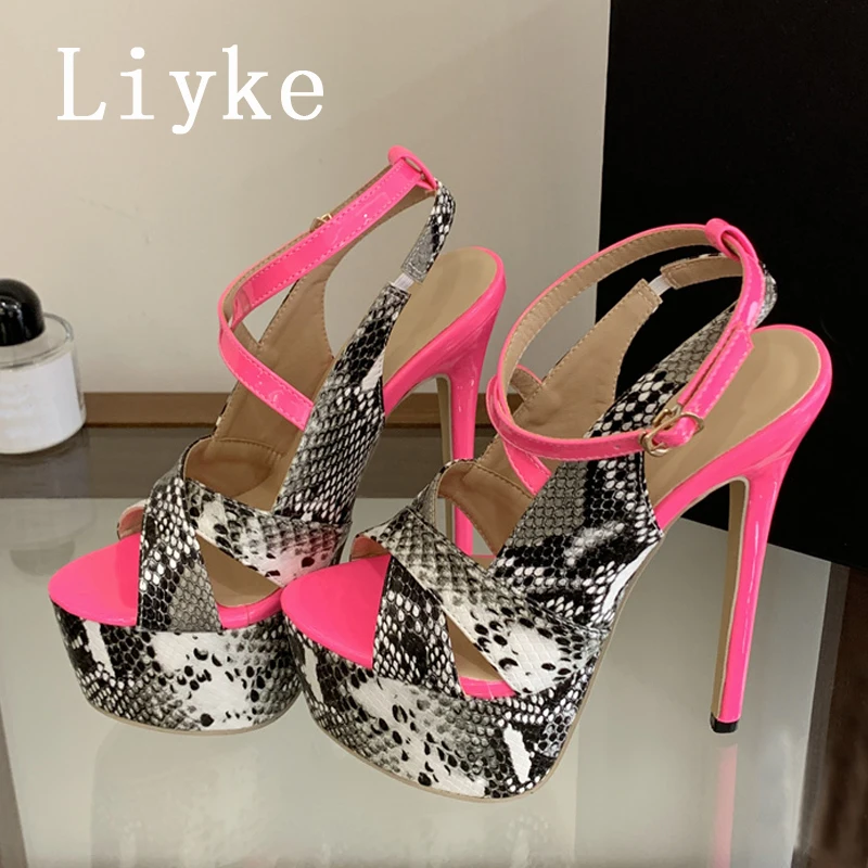 Sandales à plateforme Liyke sexy à talons hauts extrêmement fins pour femme, imprimé léopard tendance, semelle épaisse, bride à boucle à la cheville, chaussures d'été