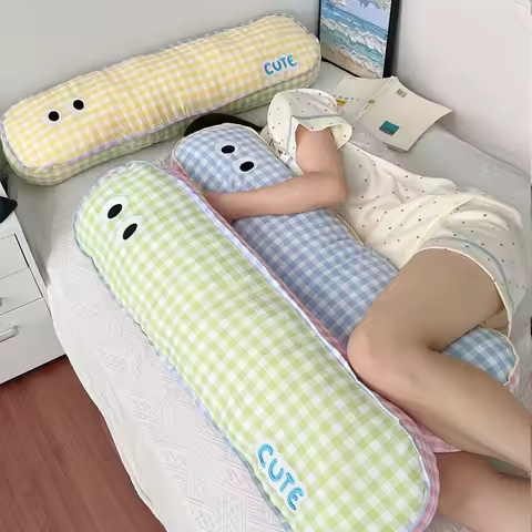 Long Grid Sleeping Pillow Side Sleeping Leg Clamp Pillow Cute Pillows Bed Cushion Pillow Cartoon Print Decorate Plush Pillows