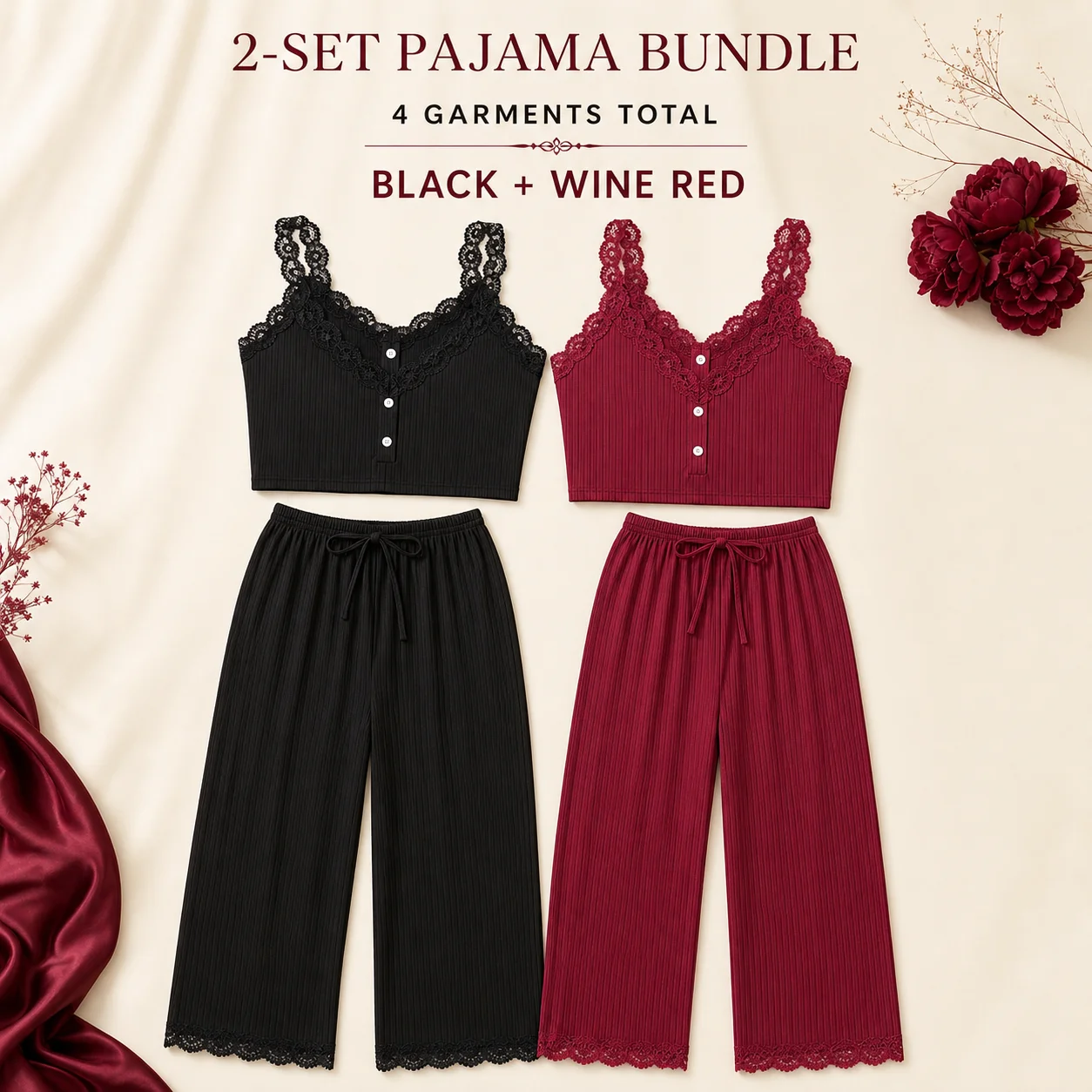 Women's 2-Pack Ribbed Pajama Sets, Lace Trim Camisole Tops and Ankle-Length Pants, Polyester Elastane Sleepwear S-1XL