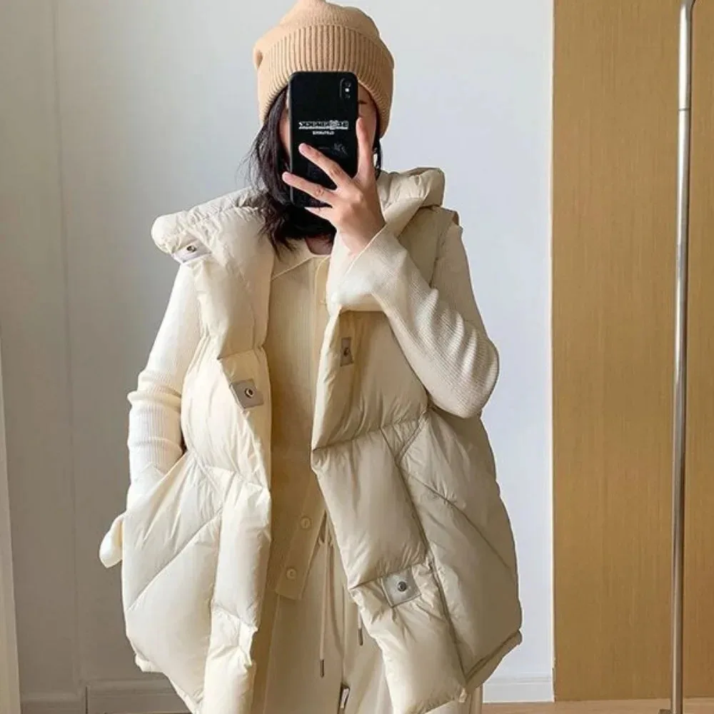 Casaco puffer de grandes dimensões feminino com bolsos, colete com capuz, streetwear quente, jaqueta sem mangas, casacos, outono, inverno, 2024