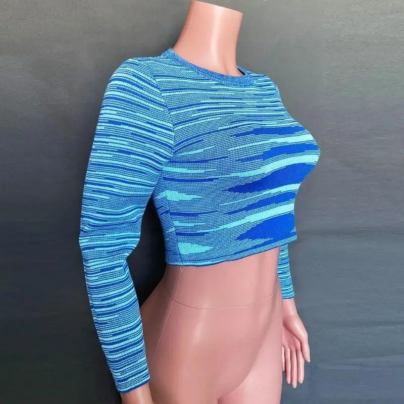 

Женский осенний вязаный свитер с длинными рукавами в стиле Харадзюку, многоцветный пуловер в синюю полоску с принтом, топ с