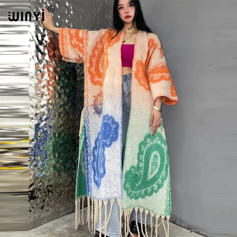 WINYI 여성용 겨울 코트, 캐슈 프린트 태슬, 럭셔리 모피 루즈 오버 코트, 두껍고 따뜻한 롱 다운 코트, 유럽 카디건 재킷, 신상 Best5