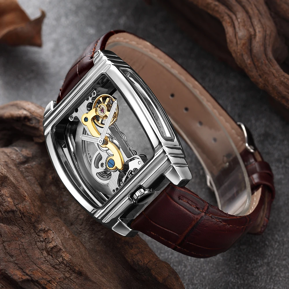 Fashion Tonneau Dial Transparent Watches Men Gold Tourbillon Watches Men Automatic Mechanical Wristwatches Montre Homme SHENHUA