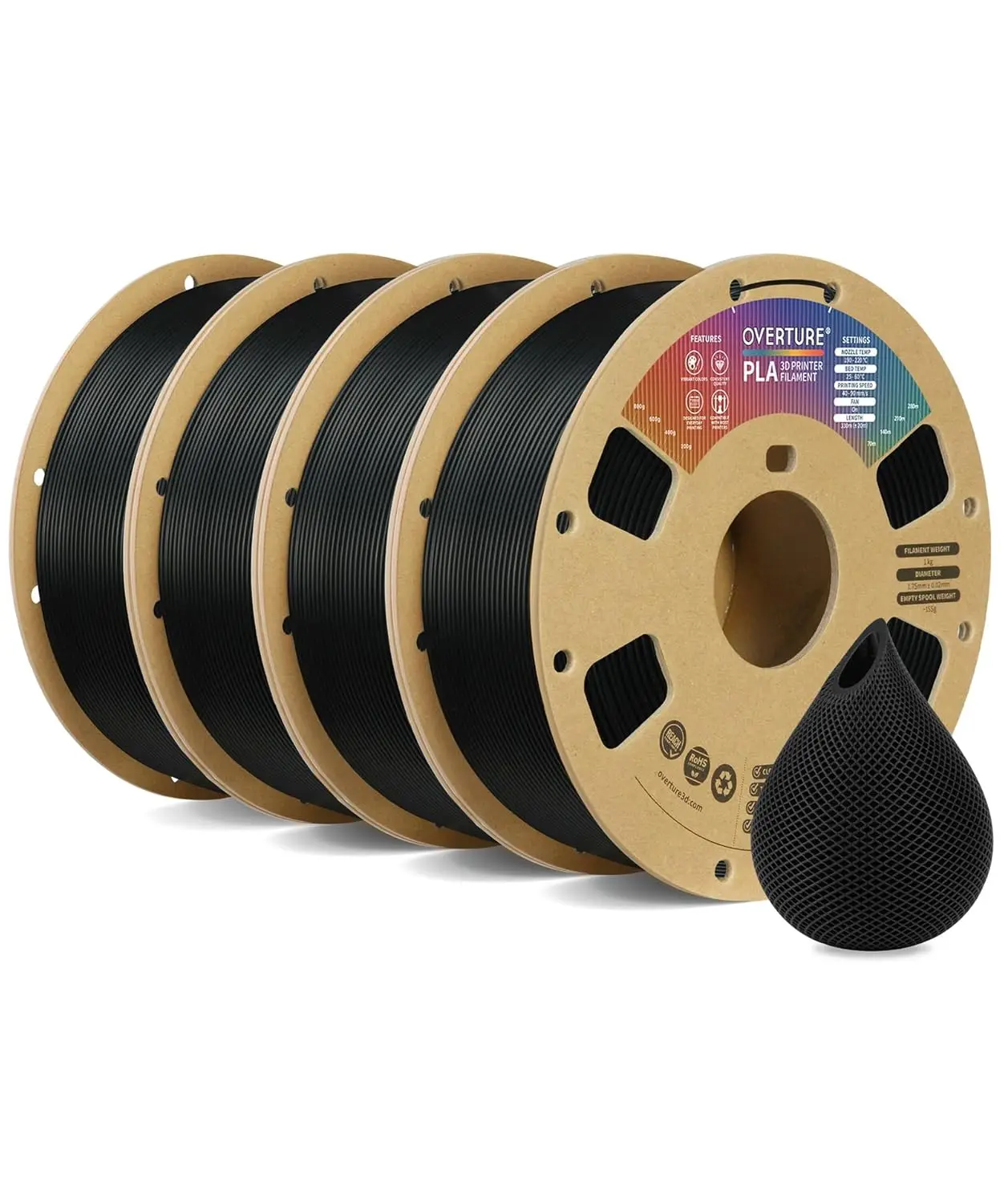 

4-Pack 1.75mm PLA Filament, 4KG Total, High Accuracy +/-0.02mm for FDM 3D Printers in Black