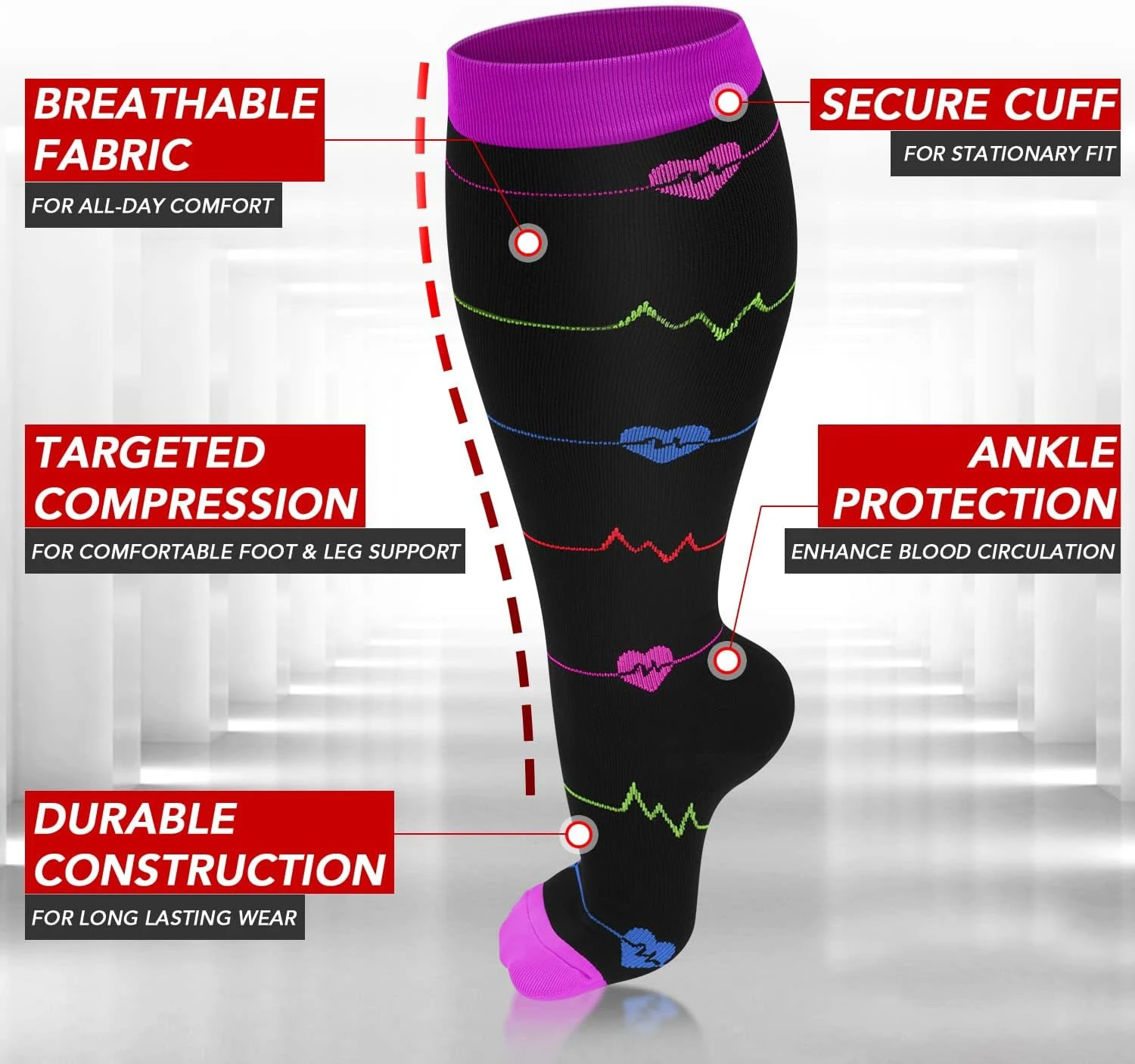 Colorful Pattern Design Plus Size Compression Socks for Women and Men Wide Calf Extra Knee High Support for Circulation